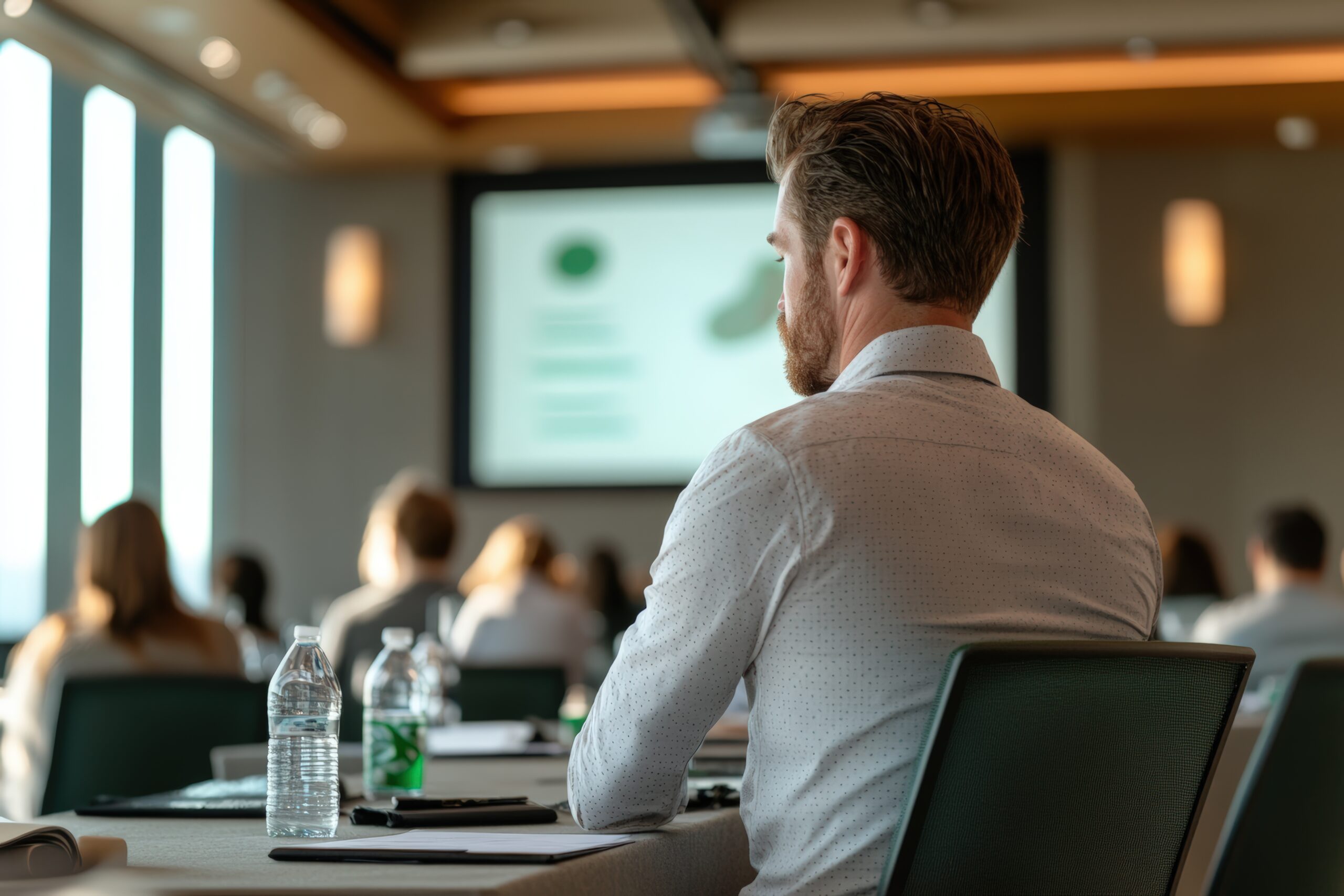 Ein Mann hört aufmerksam einem Vortrag zu.